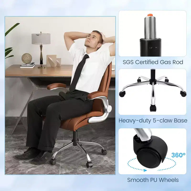 Chaise de bureau Costway en cuir PU, hauteur réglable, chaise de direction avec appui-tête réglable marron/noir