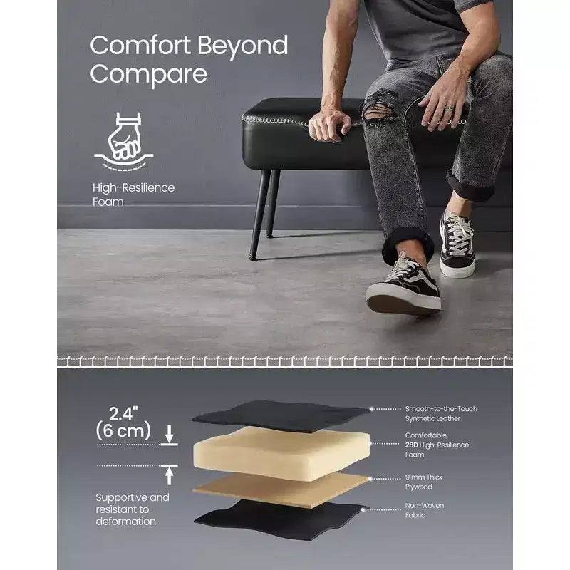 VASAGLE Collection EKHO - Banc pour entrée ou chambre à coucher, Cuir synthétique avec surpiqûres, Banc ottoman avec pieds en acier