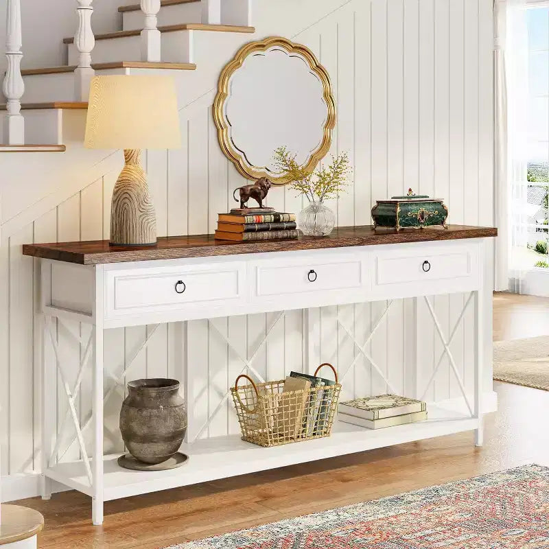 Console de ferme Lantine 70.9 avec 3 tiroirs, table d'entrée étroite et longue avec étagère de rangement pour entrée, couloir