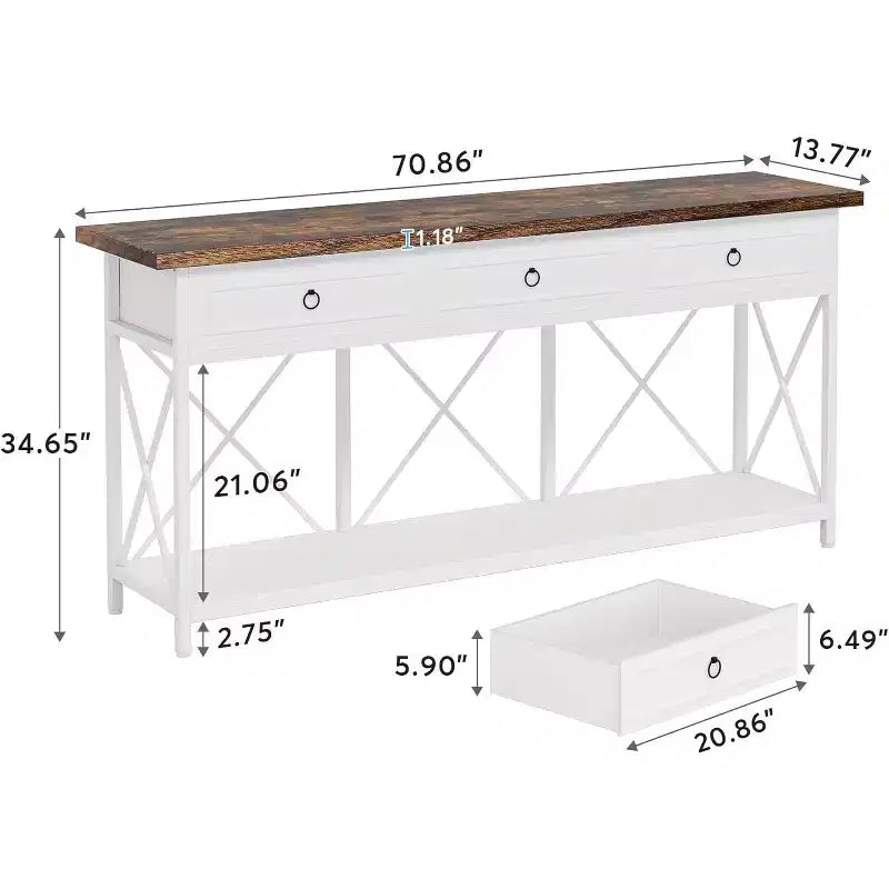 Console de ferme Lantine 70.9 avec 3 tiroirs, table d'entrée étroite et longue avec étagère de rangement pour entrée, couloir