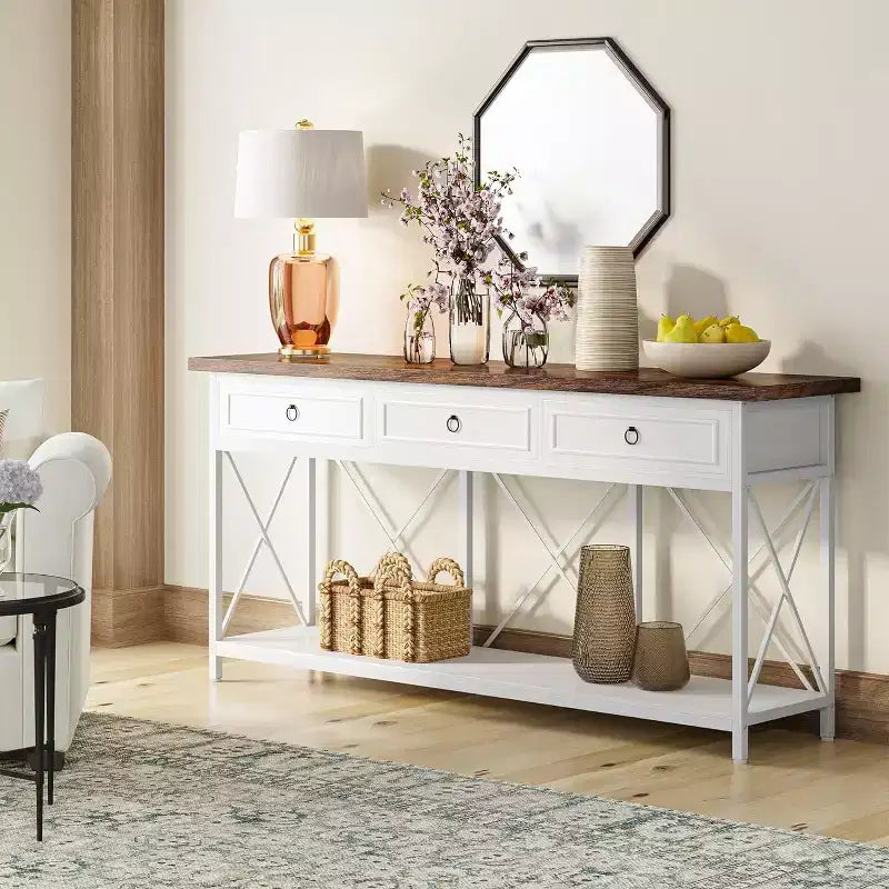 Console de ferme Lantine 70.9 avec 3 tiroirs, table d'entrée étroite et longue avec étagère de rangement pour entrée, couloir