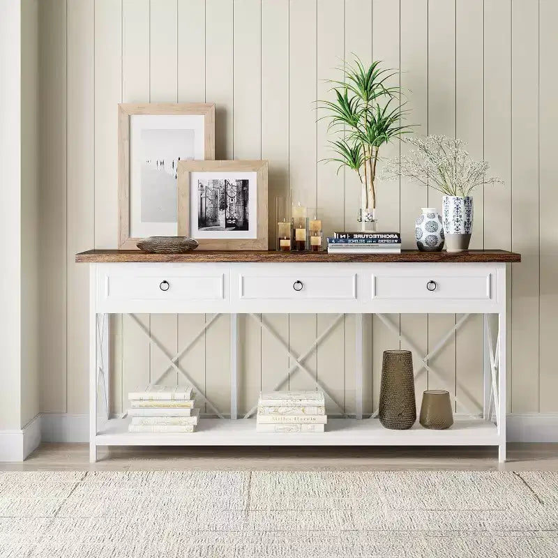 Console de ferme Lantine 70.9 avec 3 tiroirs, table d'entrée étroite et longue avec étagère de rangement pour entrée, couloir