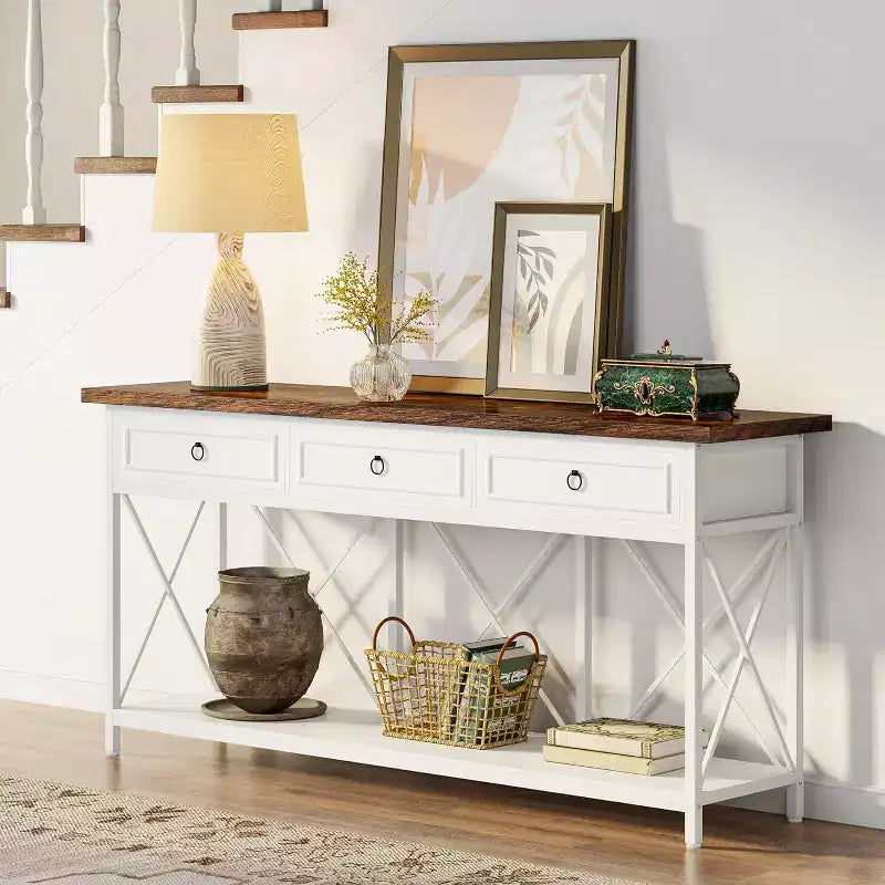 Console de ferme Lantine 70.9 avec 3 tiroirs, table d'entrée étroite et longue avec étagère de rangement pour entrée, couloir