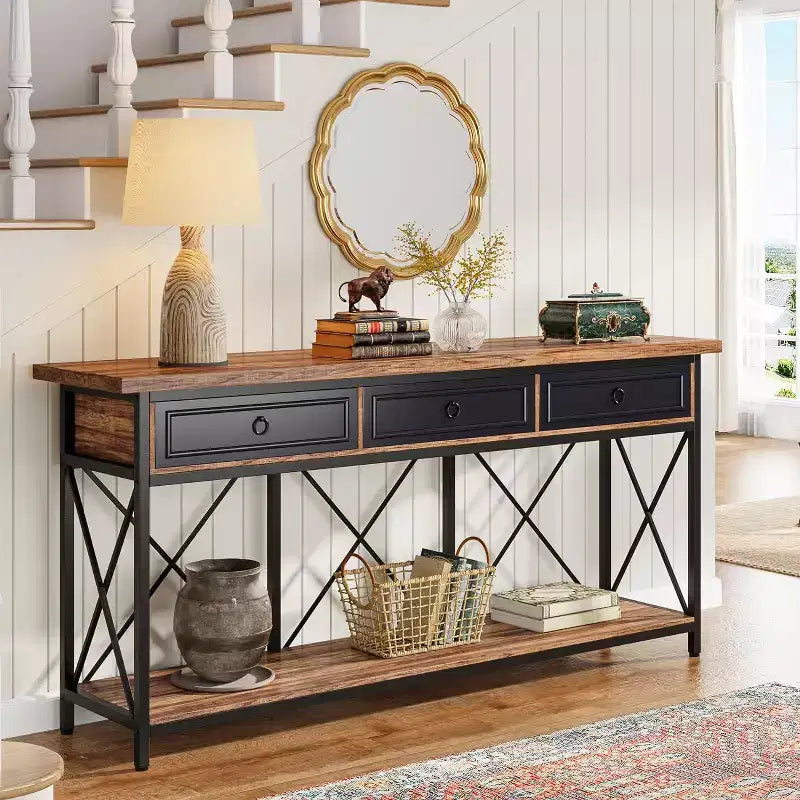 Console de ferme Lantine 70.9 avec 3 tiroirs, table d'entrée étroite et longue avec étagère de rangement pour entrée, couloir