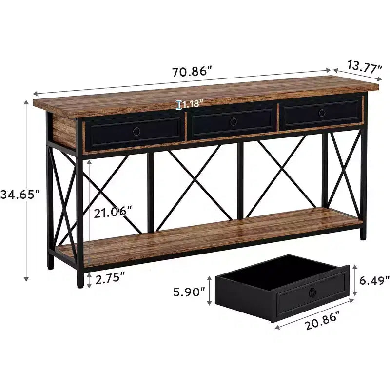 Console de ferme Lantine 70.9 avec 3 tiroirs, table d'entrée étroite et longue avec étagère de rangement pour entrée, couloir