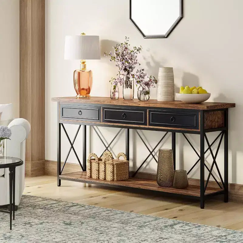 Console de ferme Lantine 70.9 avec 3 tiroirs, table d'entrée étroite et longue avec étagère de rangement pour entrée, couloir