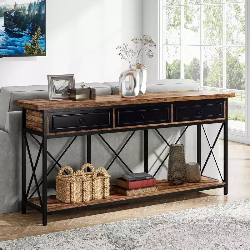 Console de ferme Lantine 70.9 avec 3 tiroirs, table d'entrée étroite et longue avec étagère de rangement pour entrée, couloir
