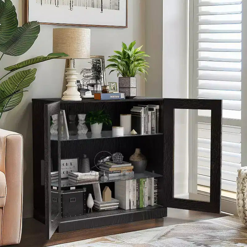 Dovelina Bibliothèque 3 étagères en bois, meuble de rangement décoratif avec portes vitrées et étagères réglables