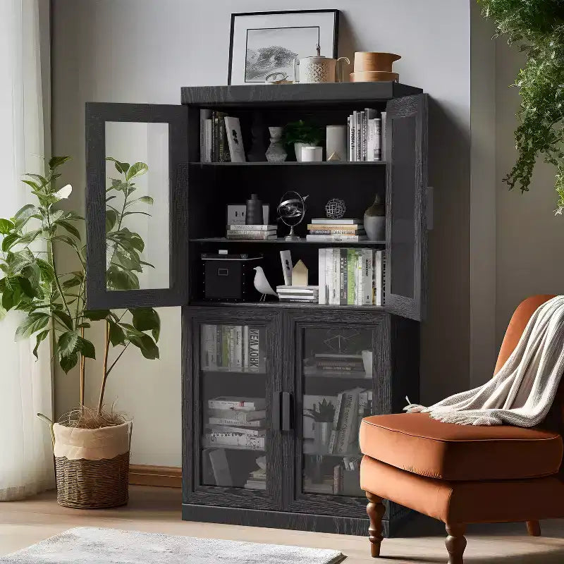 Dovelina Bibliothèque 3 étagères en bois, meuble de rangement décoratif avec portes vitrées et étagères réglables