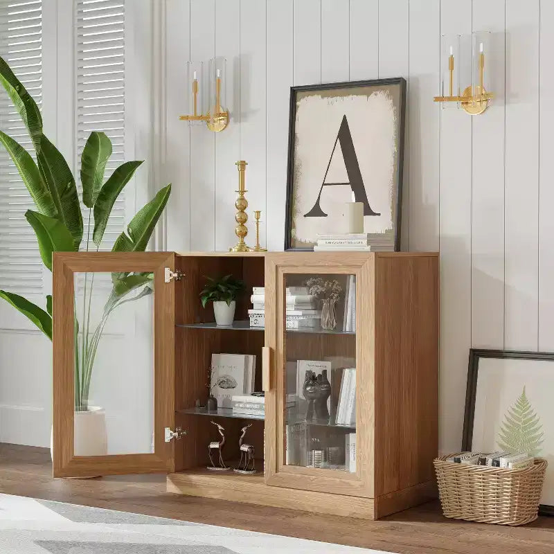 Dovelina Bibliothèque 3 étagères en bois, meuble de rangement décoratif avec portes vitrées et étagères réglables