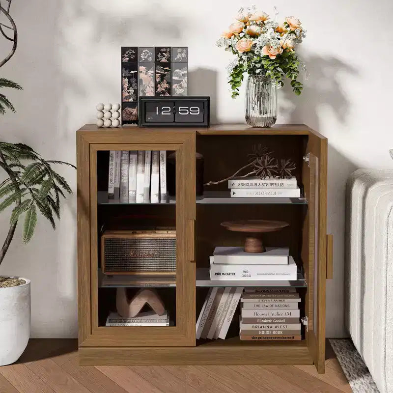 Dovelina Bibliothèque 3 étagères en bois, meuble de rangement décoratif avec portes vitrées et étagères réglables