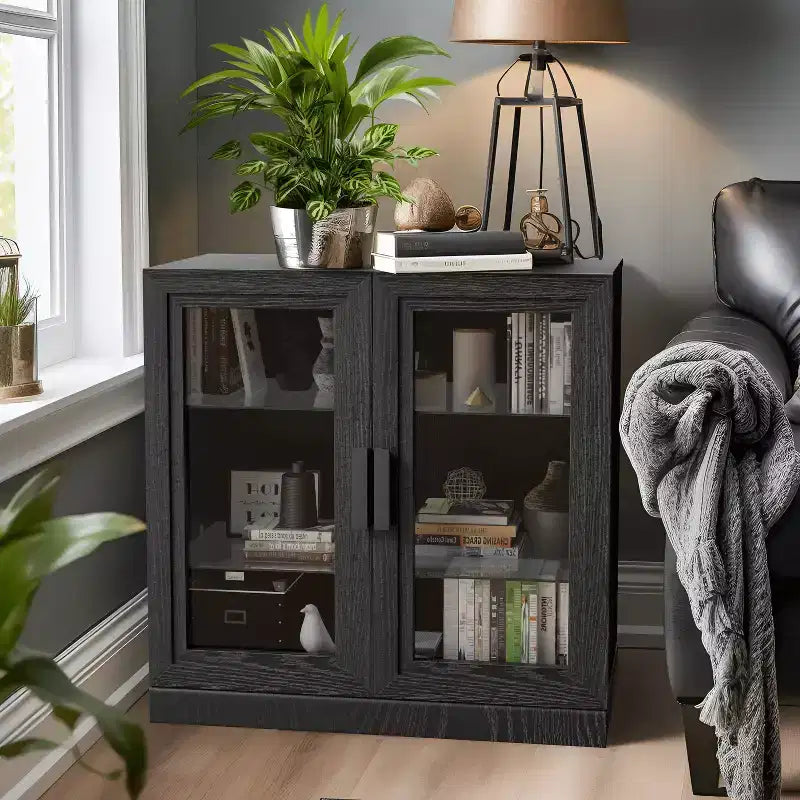 Dovelina Bibliothèque 3 étagères en bois, meuble de rangement décoratif avec portes vitrées et étagères réglables