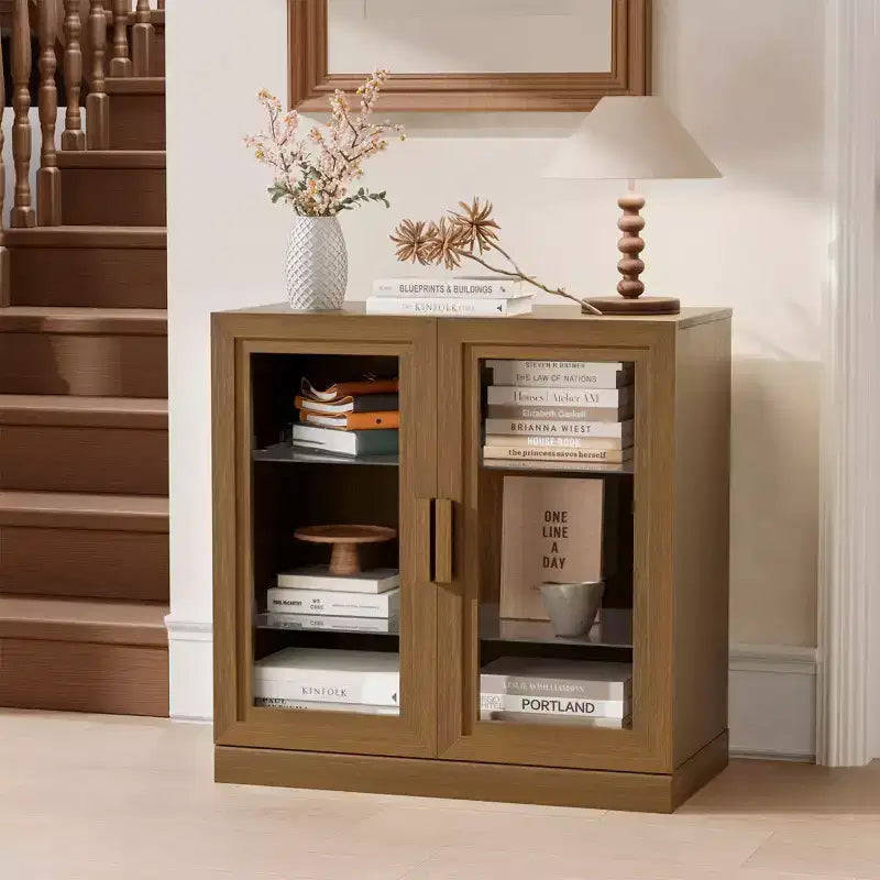Dovelina Bibliothèque 3 étagères en bois, meuble de rangement décoratif avec portes vitrées et étagères réglables
