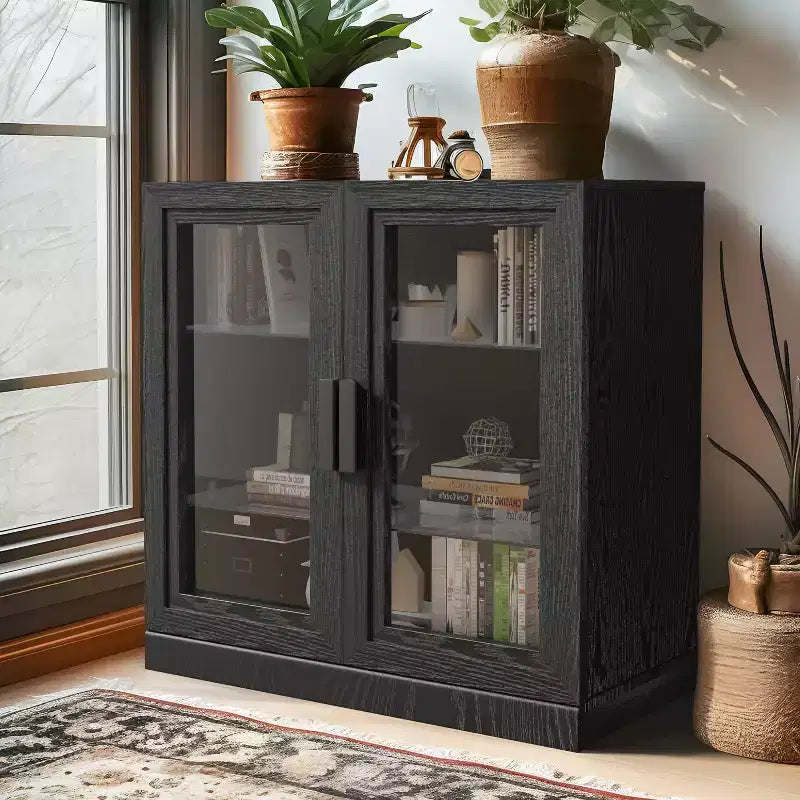 Dovelina Bibliothèque 3 étagères en bois, meuble de rangement décoratif avec portes vitrées et étagères réglables
