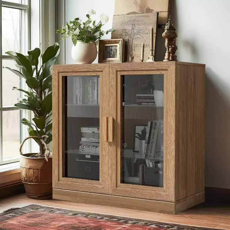 Dovelina Bibliothèque 3 étagères en bois, meuble de rangement décoratif avec portes vitrées et étagères réglables