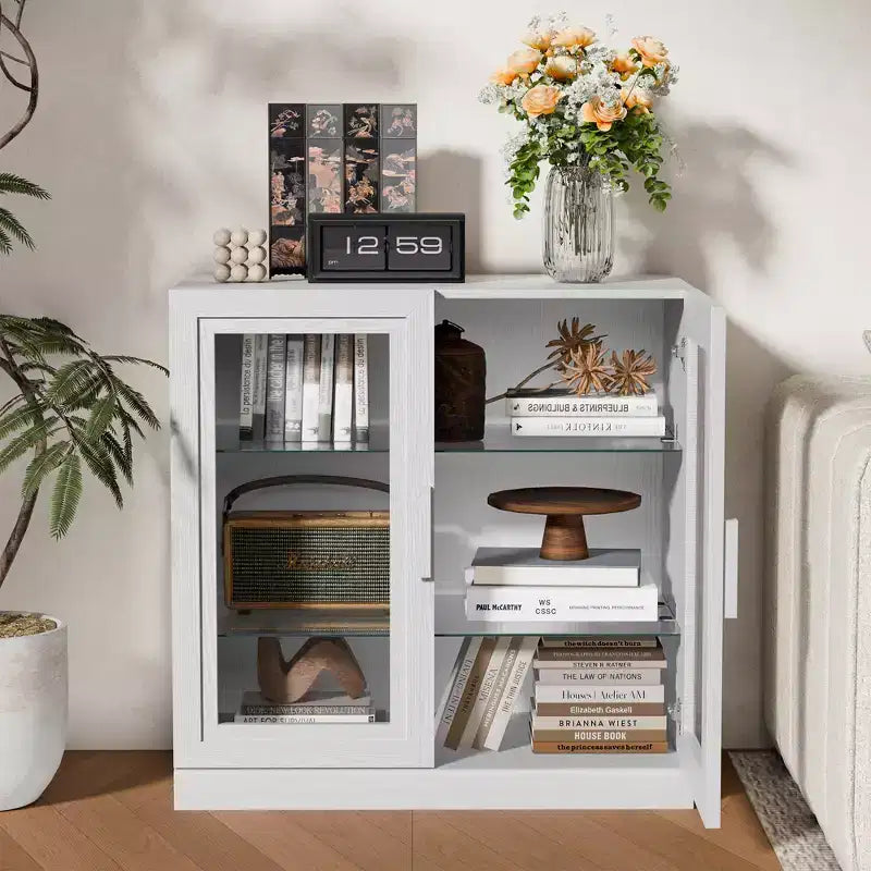 Dovelina Bibliothèque 3 étagères en bois, meuble de rangement décoratif avec portes vitrées et étagères réglables