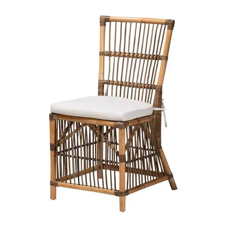 Chaise de salle à manger bali & pari Kim en tissu blanc et rotin naturel marron style bohème moderne