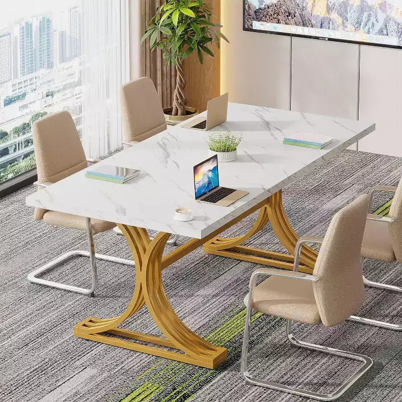 Table de conférence Lantine 5FT pour 4 à 6 personnes, table de réunion moderne avec plateau en faux marbre, tables de séminaire d'affaires pour le bureau à domicile
