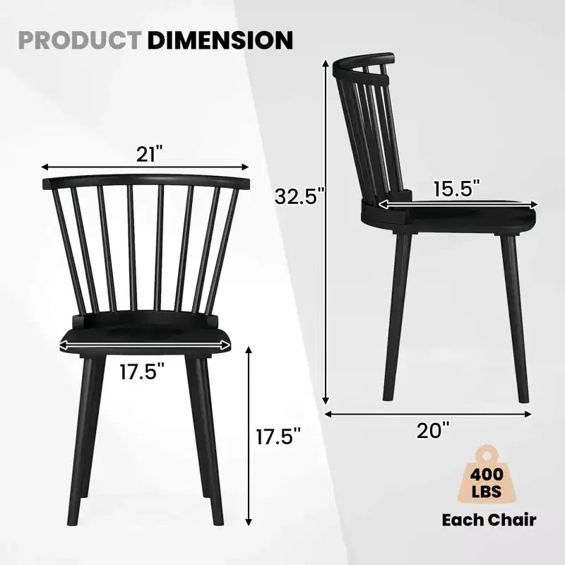 Costway Lot de 2 Chaises de Salle à Manger Windsor en Bois d'Hévéa avec Dossier à Barreaux pour Salon Noir/Naturel