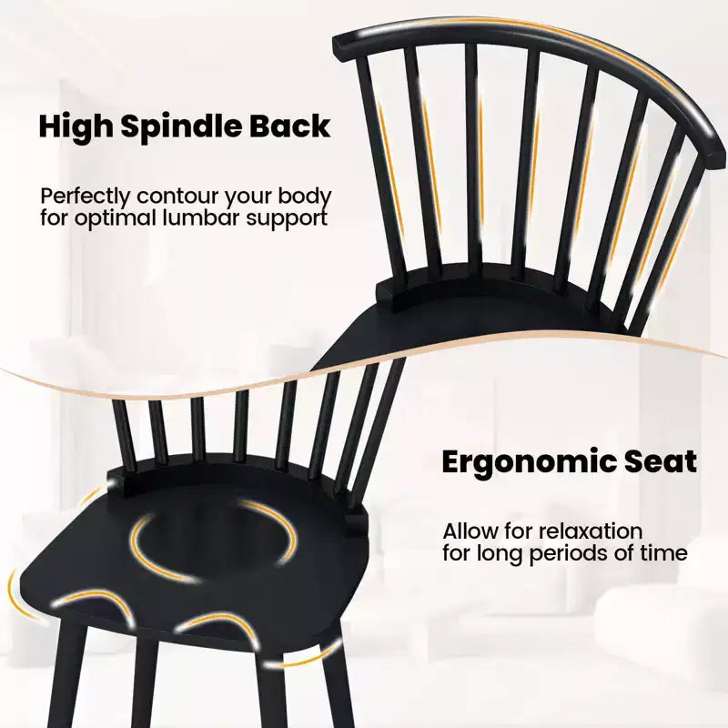Costway Lot de 2 Chaises de Salle à Manger Windsor en Bois d'Hévéa avec Dossier à Barreaux pour Salon Noir/Naturel