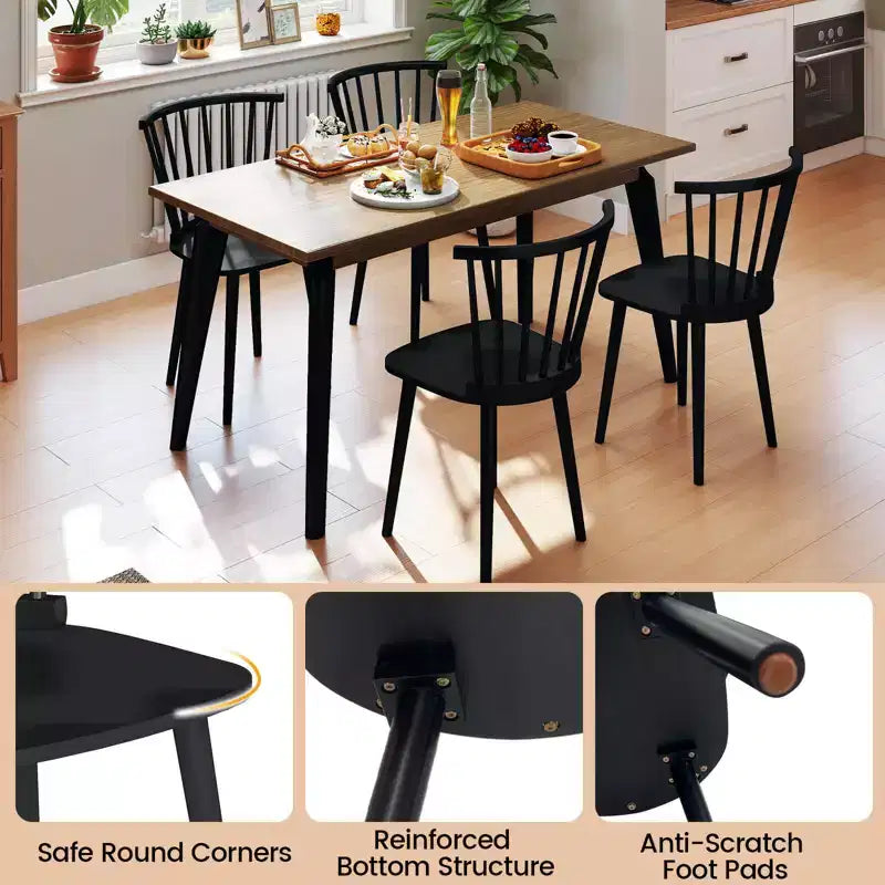 Costway Lot de 2 Chaises de Salle à Manger Windsor en Bois d'Hévéa avec Dossier à Barreaux pour Salon Noir/Naturel