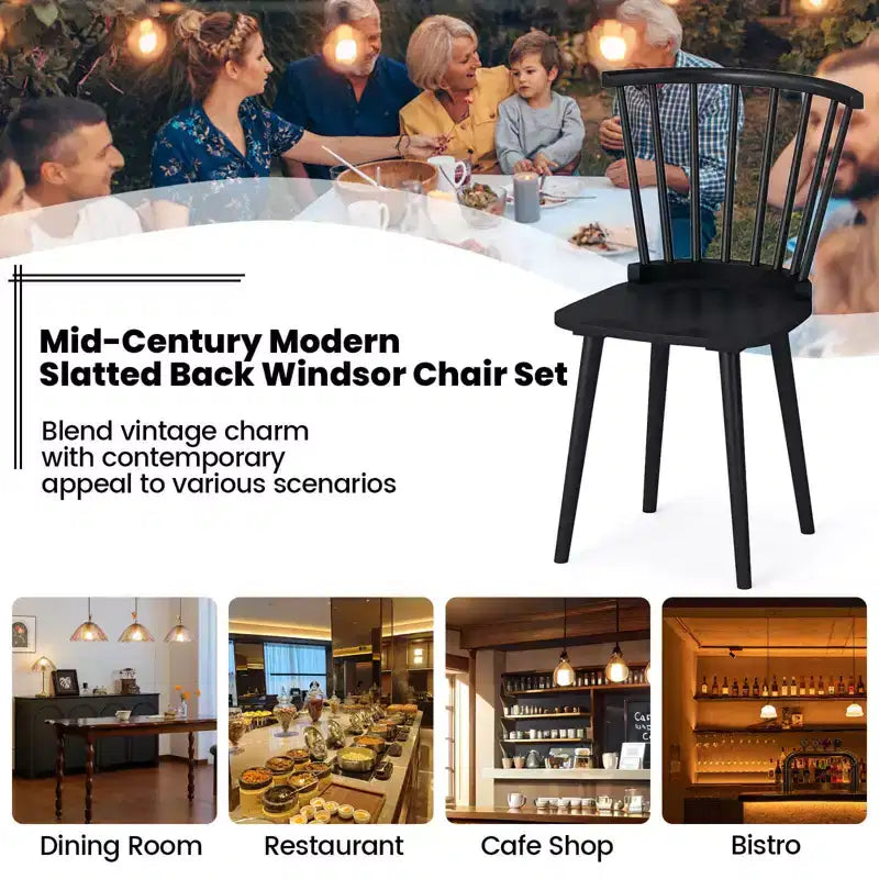 Costway Lot de 2 Chaises de Salle à Manger Windsor en Bois d'Hévéa avec Dossier à Barreaux pour Salon Noir/Naturel
