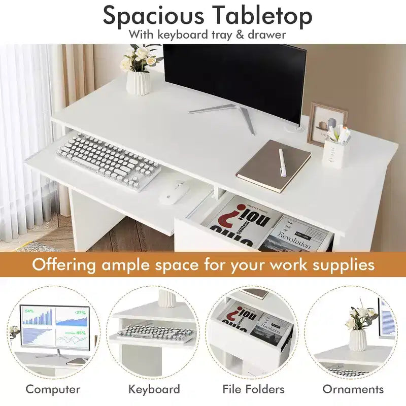 Costway Bureau Informatique Poste de Travail Maison/Bureau Table d'étude pour Ordinateur Portable avec Tiroir/Plateau à Clavier Noir/Blanc