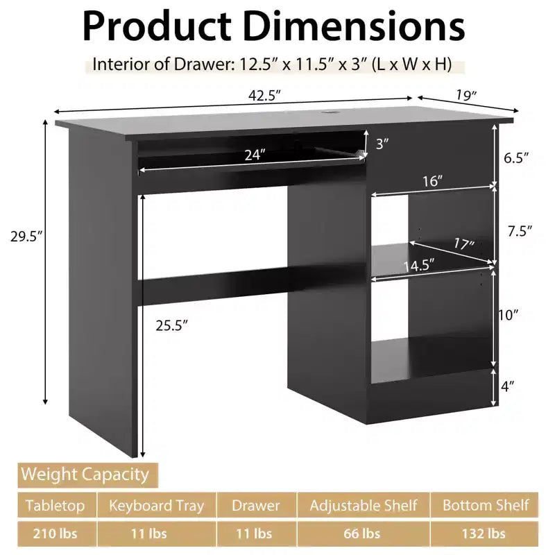 Costway Bureau Informatique Poste de Travail Maison/Bureau Table d'étude pour Ordinateur Portable avec Tiroir/Plateau à Clavier Noir/Blanc