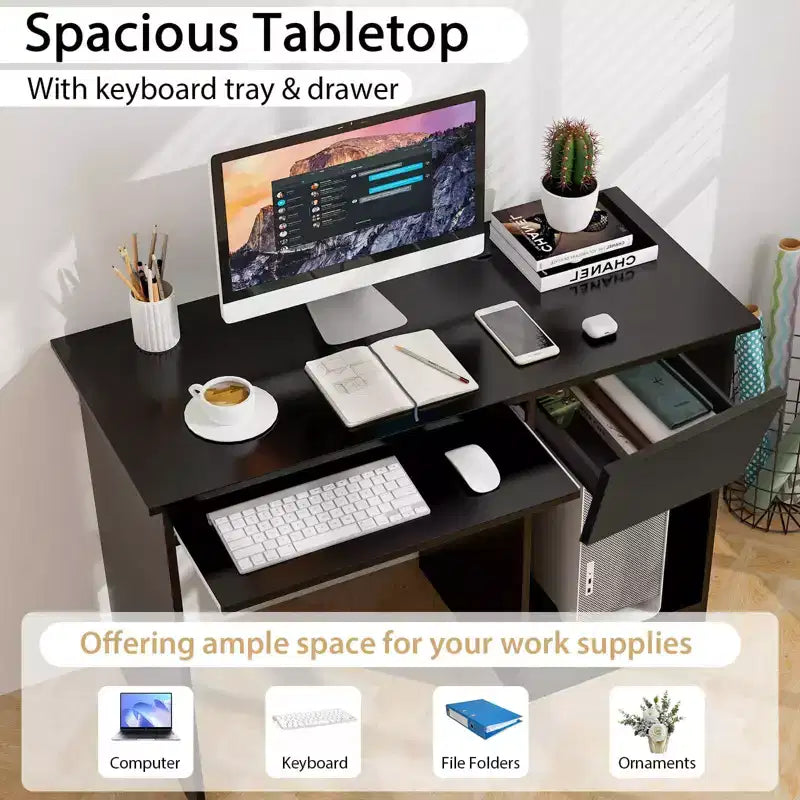 Costway Bureau Informatique Poste de Travail Maison/Bureau Table d'étude pour Ordinateur Portable avec Tiroir/Plateau à Clavier Noir/Blanc