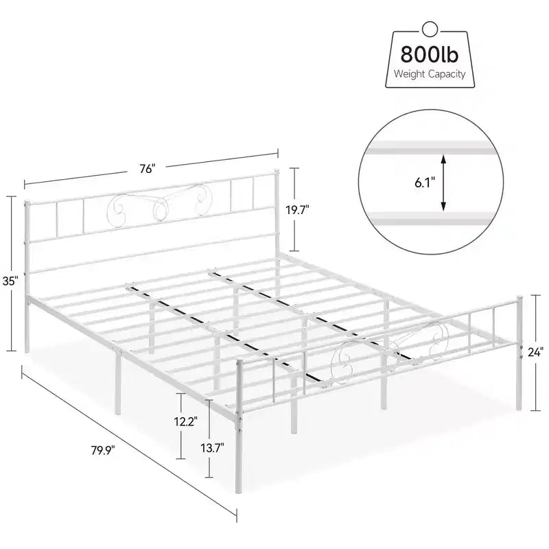 Cadre de lit plateforme en métal king size Garvee avec tête et pied de lit, support à lattes en acier, sommier, aucun sommier tapissier requis, blanc