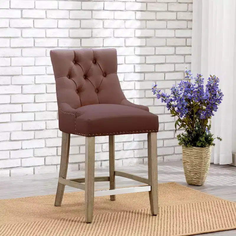WestinTrends Tabouret de comptoir à dossier haut, rembourré, avec boutons touffetés, en tissu de lin, 24 po, Marron