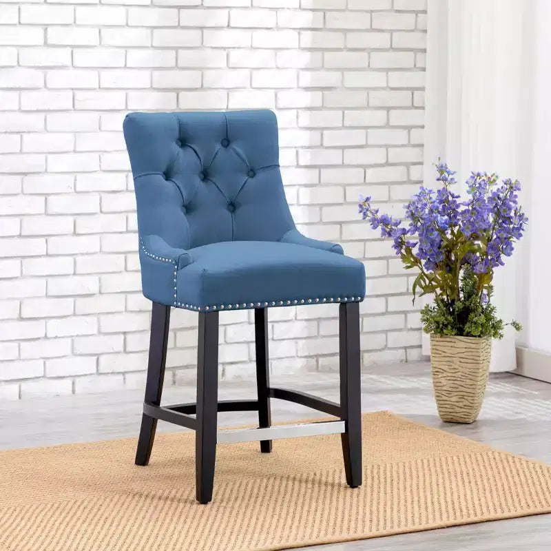 Tabouret de comptoir WestinTrends 24 en tissu de lin, dossier à oreilles, boutons touffetés, Tea