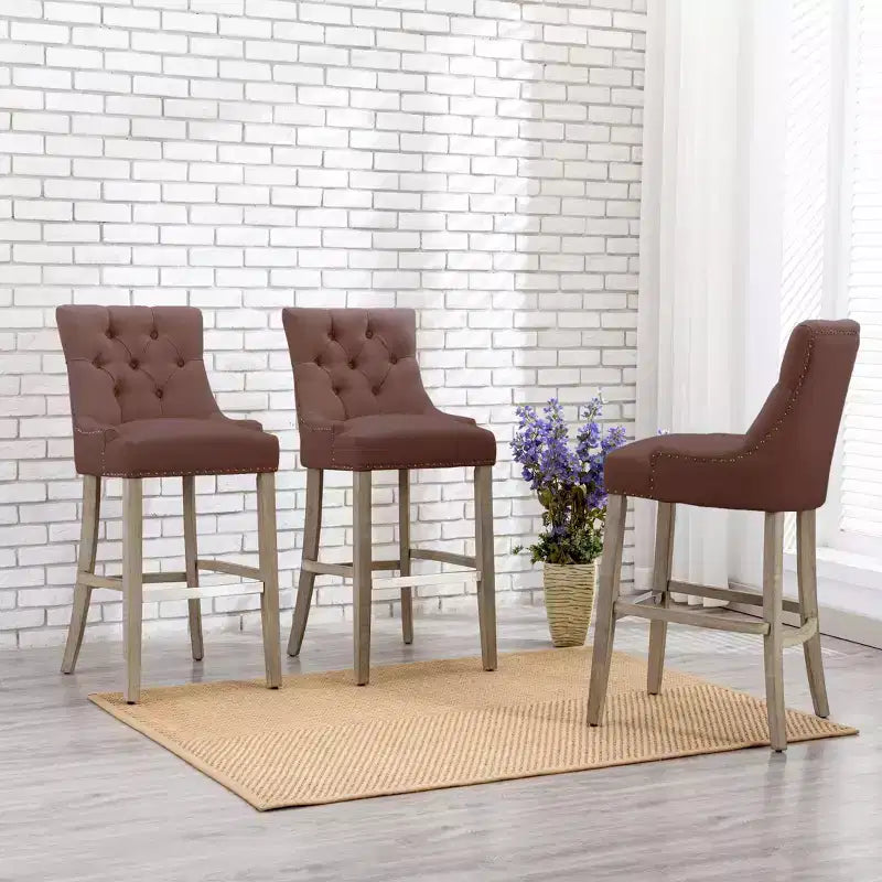 WestinTrends 29 Tabouret de bar tapissé à dossier haut en lin avec boutons touffetés (Lot de 3), Marron