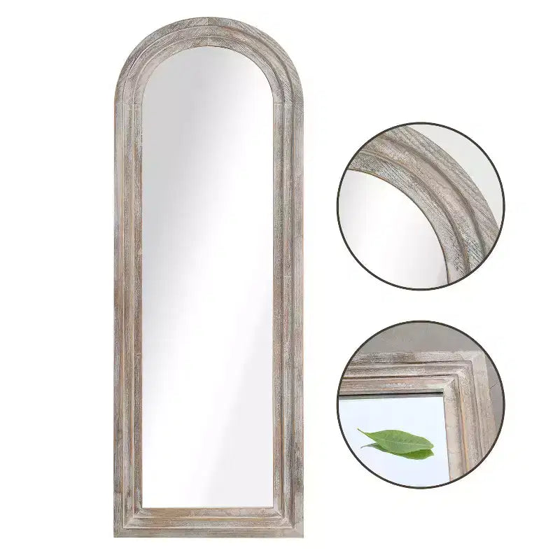 Miroir sur pied plein cadre Dovelina à cadre en bois, dessus arqué