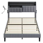 Cadre de lit complet rembourré Hausource avec tête de lit de rangement cachée, lumières LED, station de recharge, aucun sommier tapissier requis
