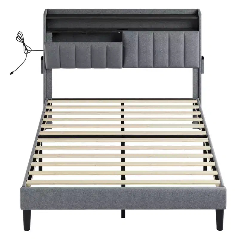 Cadre de lit complet rembourré Hausource avec tête de lit de rangement cachée, lumières LED, station de recharge, aucun sommier tapissier requis