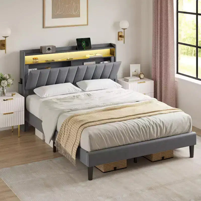 Cadre de lit complet rembourré Hausource avec tête de lit de rangement cachée, lumières LED, station de recharge, aucun sommier tapissier requis