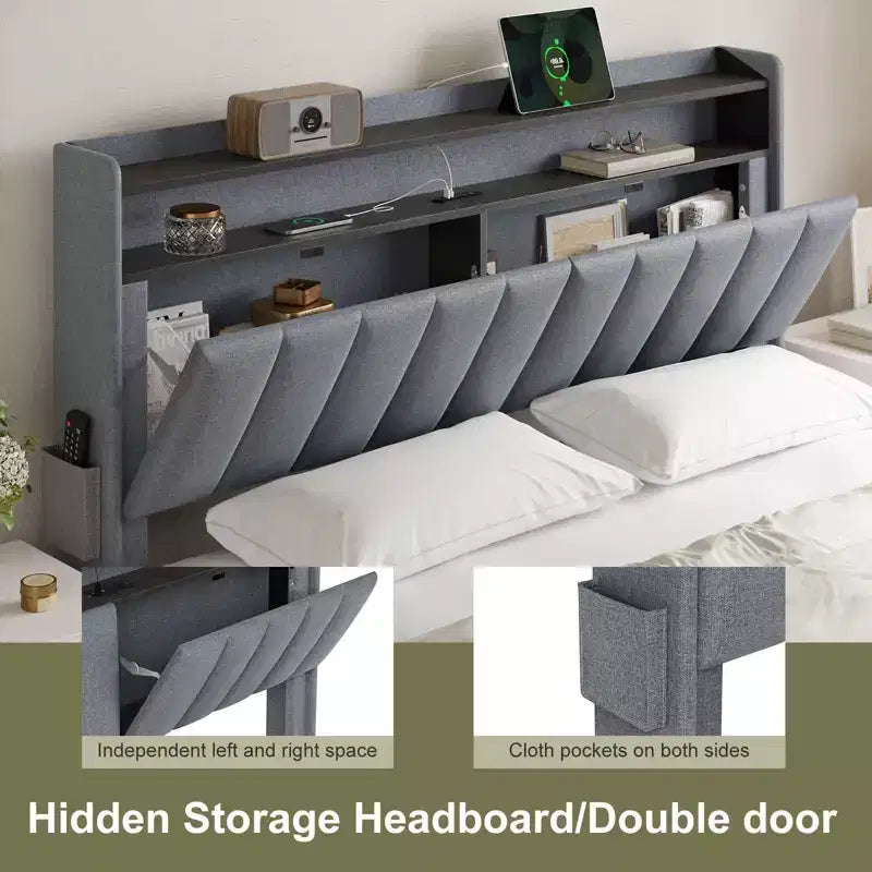 Cadre de lit complet rembourré Hausource avec tête de lit de rangement cachée, lumières LED, station de recharge, aucun sommier tapissier requis