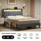 Cadre de lit complet rembourré Hausource avec tête de lit de rangement cachée, lumières LED, station de recharge, aucun sommier tapissier requis