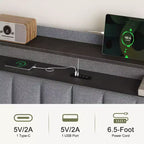 Cadre de lit complet rembourré Hausource avec tête de lit de rangement cachée, lumières LED, station de recharge, aucun sommier tapissier requis