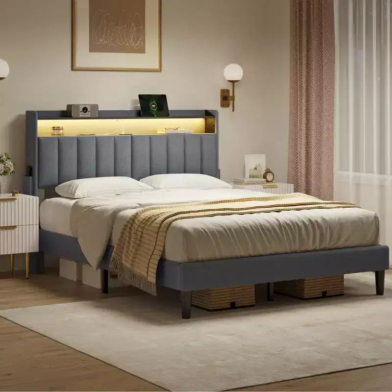 Cadre de lit complet rembourré Hausource avec tête de lit de rangement cachée, lumières LED, station de recharge, aucun sommier tapissier requis