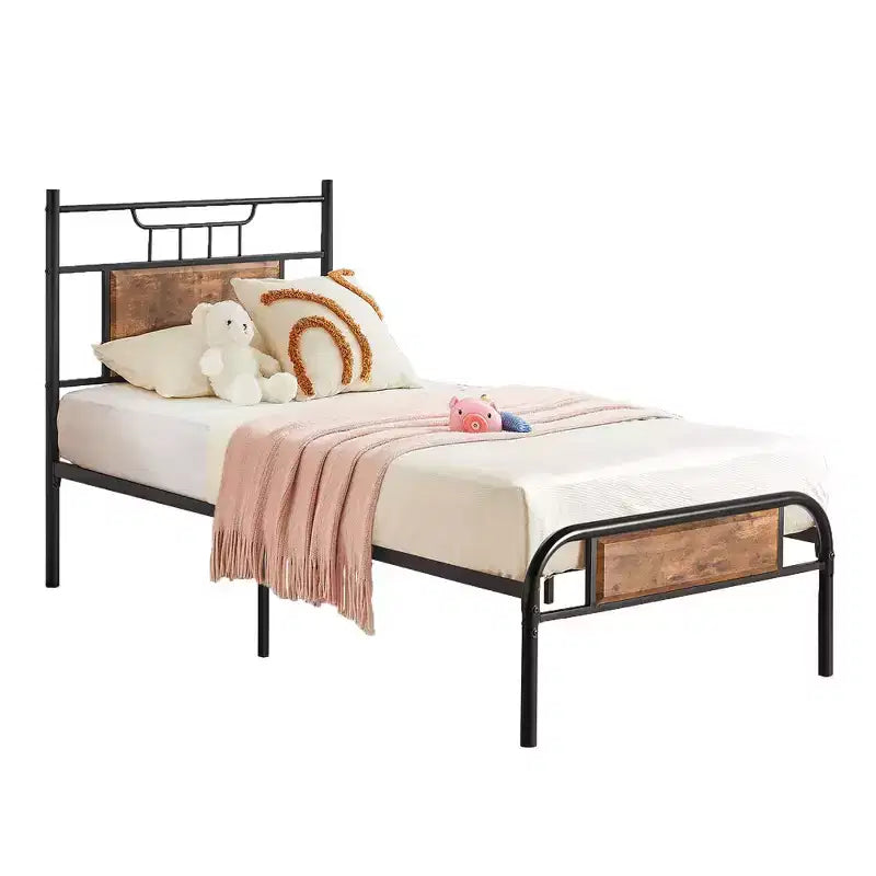 Lit plateforme en métal VECELO avec tête et pied de lit en bois