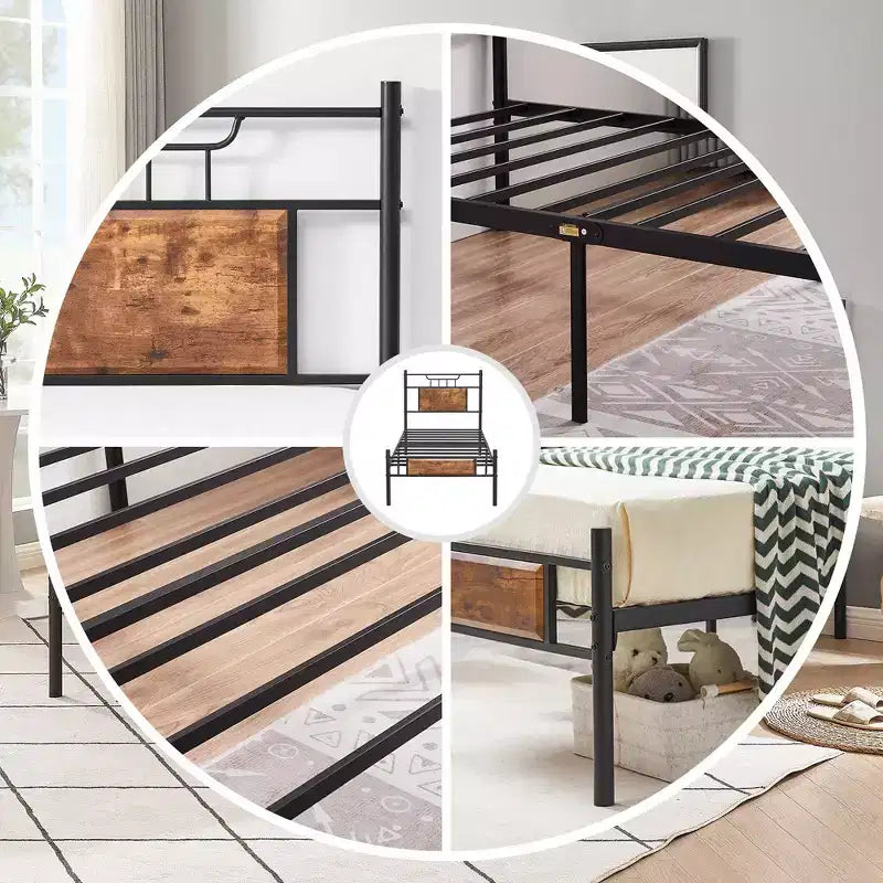 Lit plateforme en métal VECELO avec tête et pied de lit en bois