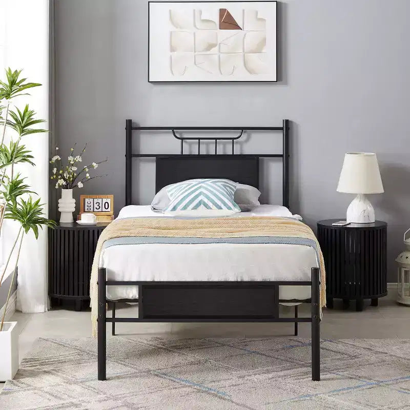 VECELO Metal Platform Bed with Wood Headboard and Footboard