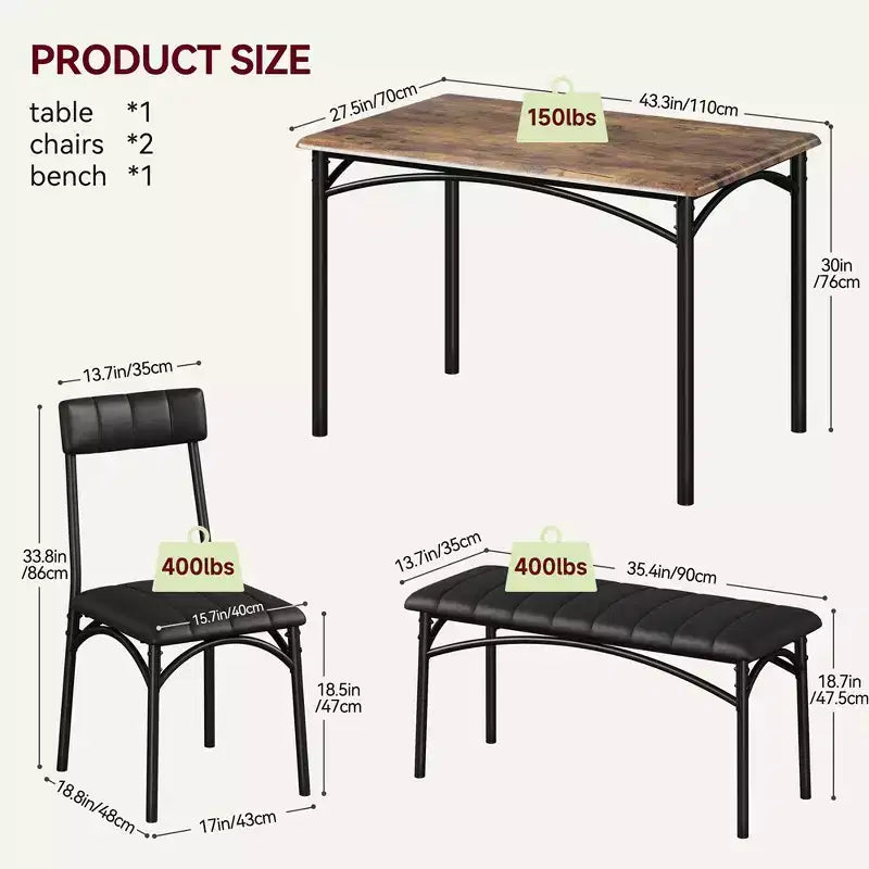 Table de cuisine avec chaises rembourrées et banc, ensemble de salle à manger en bois pour 4 personnes, ensemble de table de salle à manger rectangulaire pour petit espace, appartement, maison