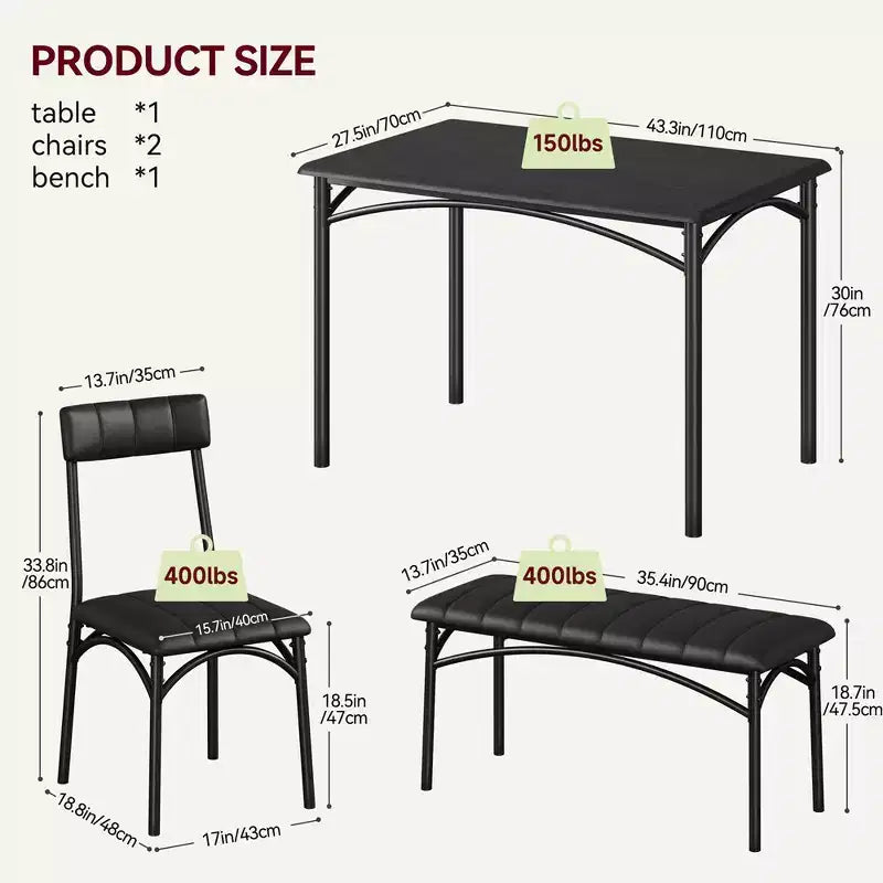 Table de cuisine avec chaises rembourrées et banc, ensemble de salle à manger en bois pour 4 personnes, ensemble de table de salle à manger rectangulaire pour petit espace, appartement, maison