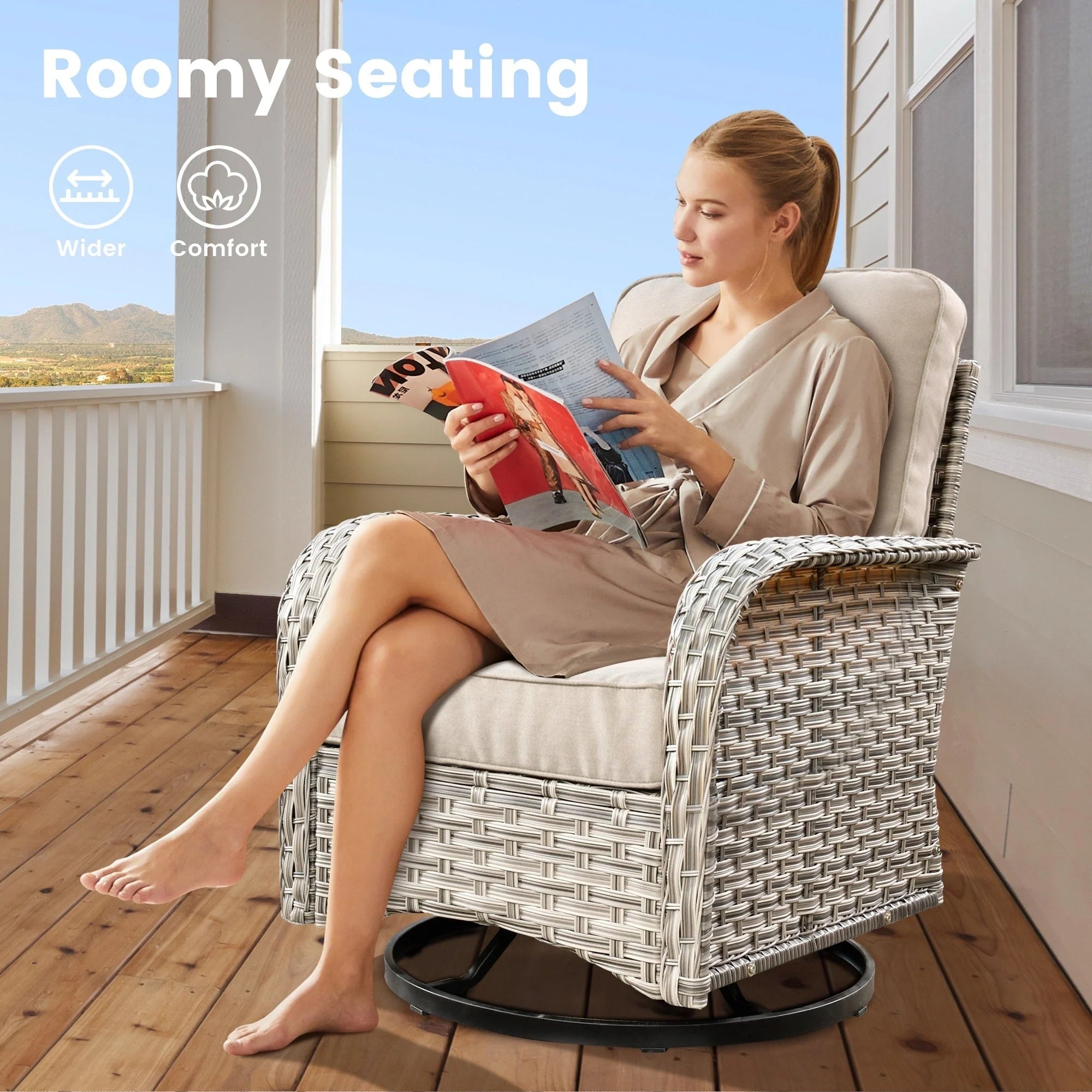 Ensemble de 9 chaises pivotantes en osier OVIOS pour l'extérieur avec table brasero