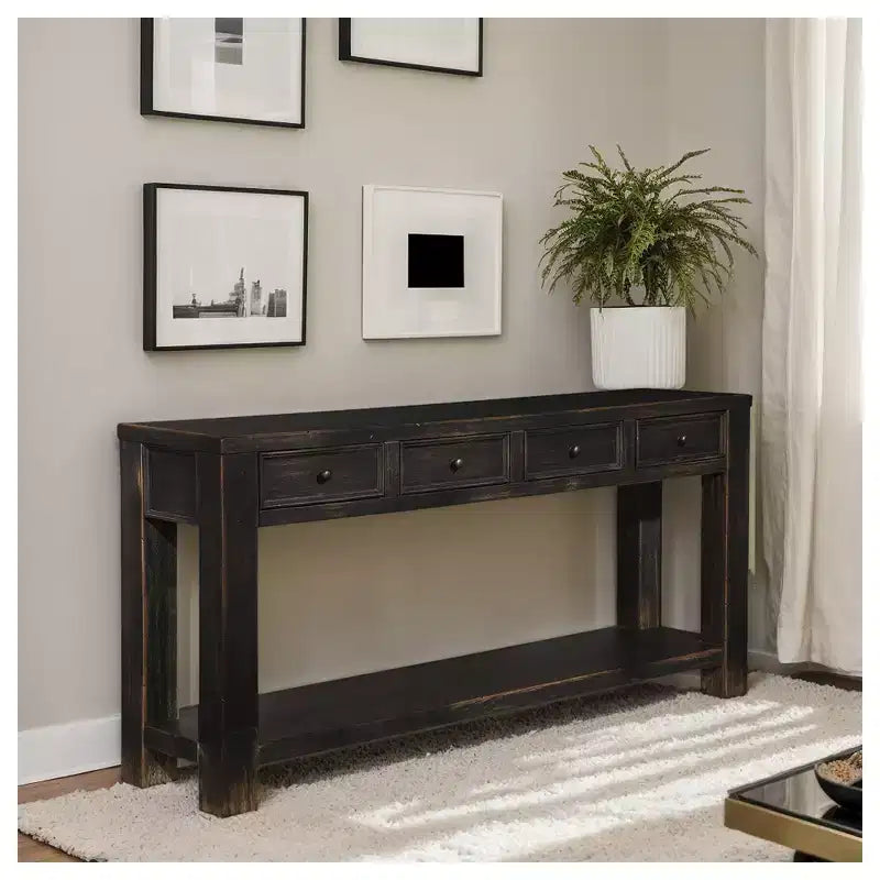 Signature Design by Ashley Gavelston – Console de canapé 64, finition noire patinée, 4 tiroirs, finition à la main, bois et bois d'ingénierie