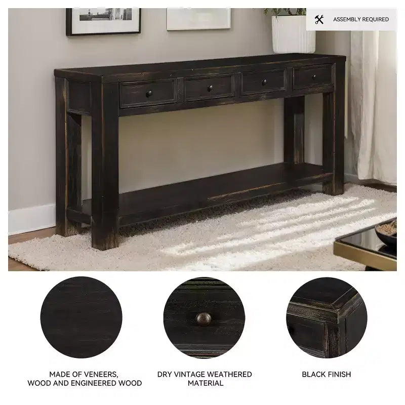 Signature Design by Ashley Gavelston – Console de canapé 64, finition noire patinée, 4 tiroirs, finition à la main, bois et bois d'ingénierie
