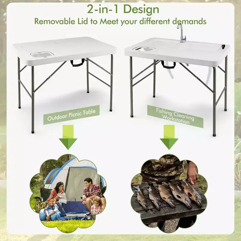 Table de nettoyage de poisson pliable Costway avec 2 éviers intégrés